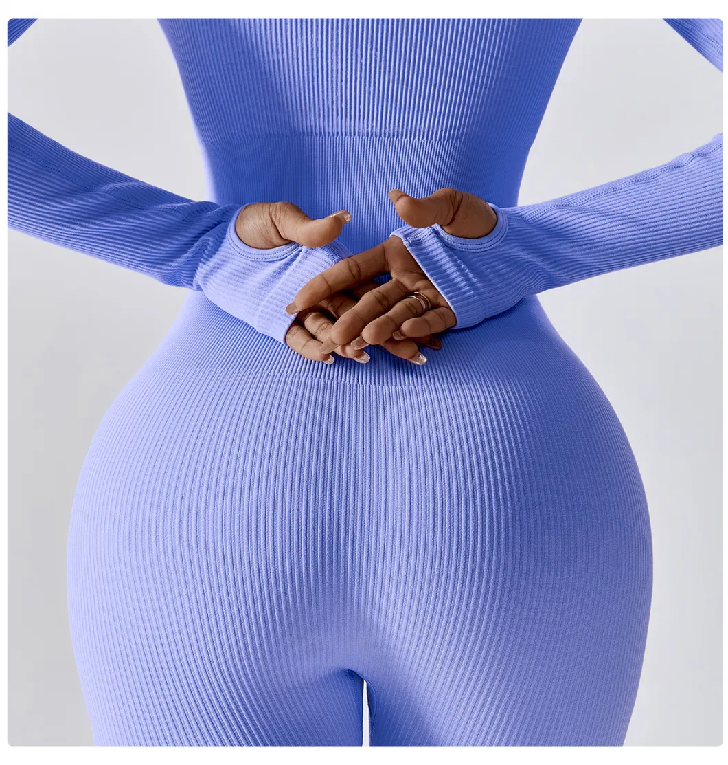 Female Seamless Yoga Bodysuit Dance Fitness Exercise Set Tight Long-Sleeved Yoga Wear